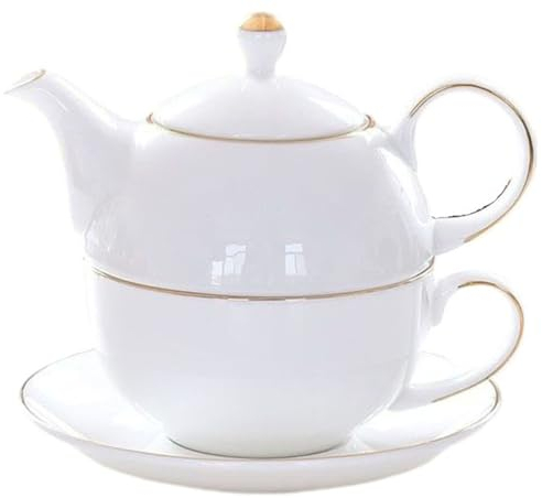 YBK Tech Ceramic Tea for One Set, 12oz Teapot and 8.2oz Cup with Saucer (White)