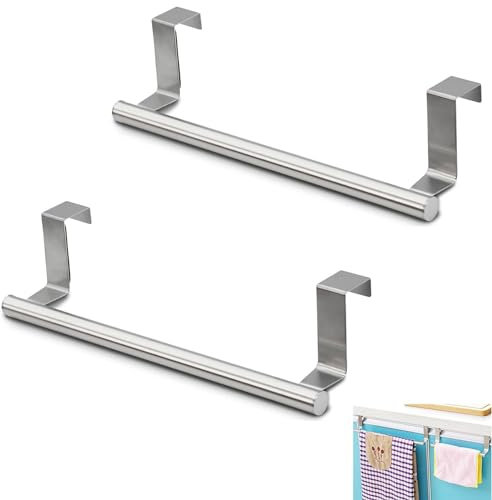 2pcs Over Door Towel Rail, Kitchen Towel Rail Tea Towel Holders Stainless Steel Over Door Tea Towel Rail, No Drilling for Kitchen Bathroom,Anti Slip Scratch Protecting Stripe (23cm) (silver)