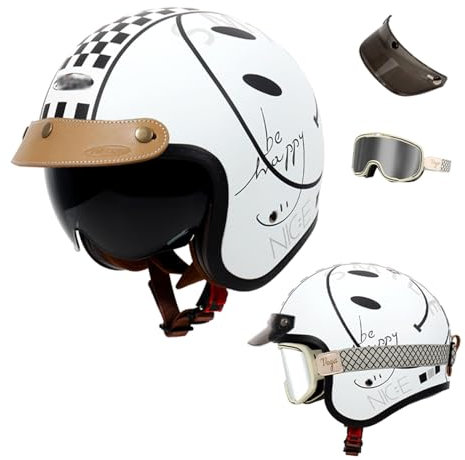 Casco retrò 3/4, Casco da Moto per Uomo e Donna con Doppia Visiera per ciclomotori Cruiser Bobber e Chopper, Approvato DOT, Casco da Moto Aperto per Adulti