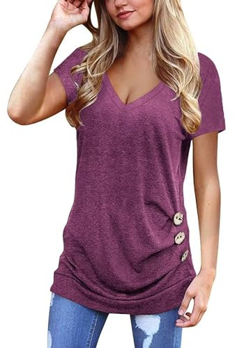 Jescakoo Maglietta da donna, a maniche corte, scollo a V, casual, sexy, estiva, con bottone, Fucsia-1, S
