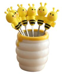 LIFKOME 6pcs Silicone Bee Fruit Forks Set Fork Set for Party Stainless Steel Dessert Picks Ceramic Holder