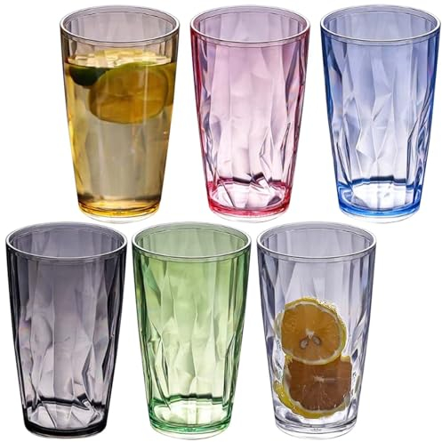 PRITOK Lot de 6 verres à eau, en plastique, multicolores, 470 ml, aspect cristal, réutilisables, pour la maison, le camping, les fêtes