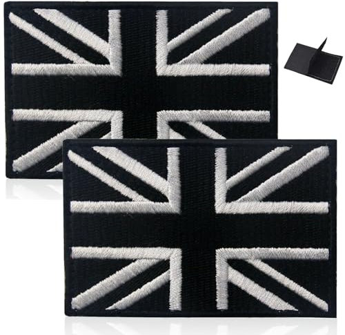 2Pcs British Union Jack Patch, Tactical United Kingdom Flag Patch Embroidered England Flag Black & White Applique Fastener Hook and Loop UK Emblem for Tactical Backpack, Hats Jacket Pants