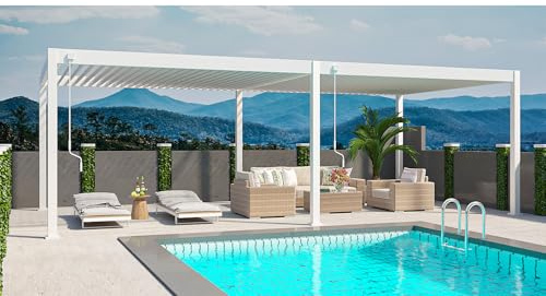 Weide Deluxe Plus Aluminium Pergola freistehend mit verstellbarem Lamellendach Witterungsbeständiger Pavillon für Terrasse & Garten mit Handkurbel und integriertem Wasserablauf (weiß 4x8)