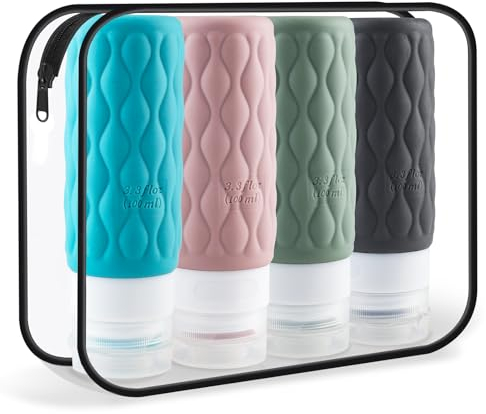 Mezzar 4 Pièces Flacons en Silicone Bouteilles de Voyage, Ensemble de Flacon Voyage Rechargeable Contenant Voyage pour Shampooing Lotion Revitalisant Gel Douche
