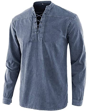 Qzeanxy Vintage Hemd Herren Mittelalter Hemd Herren Langarm Leinen Hemd Sommer Piratenhemd Cosplay Kostüm Universal Fit Renaissance Kostüm Set Wikinger Kostüm Mittelalter Kleidung Set