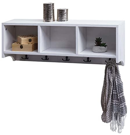 Mendler Wandregal HWC-K49AM, Garderobe Wandgarderobe Regal, 3 Staufächer 5 Haken 30x80x20cm Holz - weiß, shabby