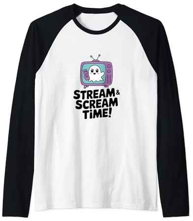 Kawaii 'Stream & Scream Time!' Cute TV Ghost Design Raglan Baseball Tee