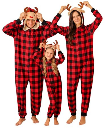 Miyanuby Pyjama de Noël assorti pour la famille, pyjama de Noël à capuche, vêtements de détente pour adultes/enfants, Carreaux rouges #1, M
