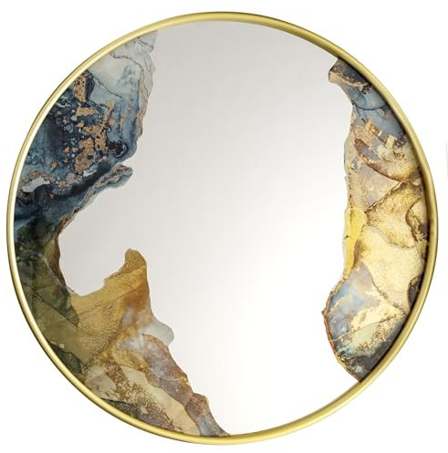 Baroni Home Espejo Decorativo de Pared Redondo con Marco de Metal Color Oro, Espejo para Sala de Estar y Dormitorio, Espejo de Colgar, 59x2x59 cm, Efecto Mármol Azul