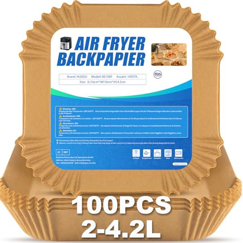 HUDDU 100PCS 1,2L-4,5L Backpapier für Heißluftfritteuse,16CM Quadrat Airfryer Backpapier,Einwegschalen Luftfritteuse Pergamentpapier Liner Ideal für COSORI Cecotec Russell Hobbs Airfryer