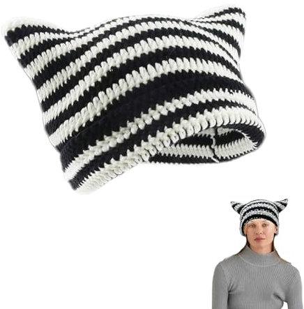 langyoujia Winter Strickmütze, Damen Katzenohren Mütze, Y2k Katzenohren Wintermütze, Winter Warm Stretch Damen Katzenohren Beanie Pisse (schwarz-weiß)
