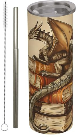 amepay Mythical Dragon and Book Stainless Steel Insulated Tumbler with Lid - 20oz Fantasy Travel Mug,Reusable Metal Straw & Brush, Double-Wall Vacuum Bottle Cup for Hot and Cold Drinks Gifts