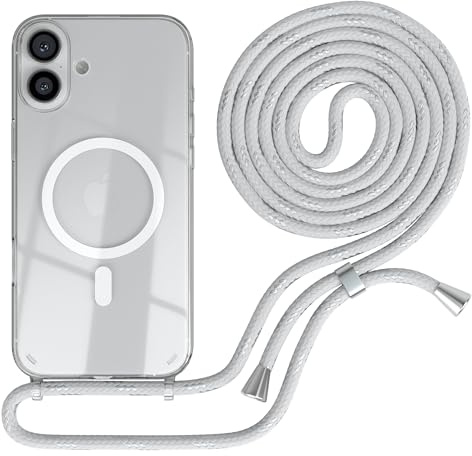 EAZY CASE - Handykette kompatibel mit iPhone 16 Plus Kette zum Umhängen Stoßfest Handyhülle für Apple iPhone 16 Plus Silikon Hülle mit Band Handytasche Transparent als Fallschutz in Weiß/Silber