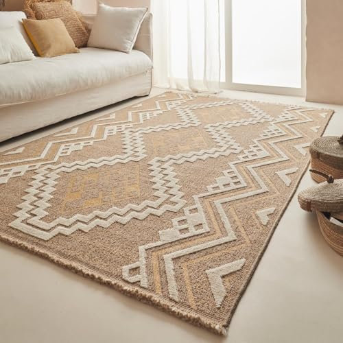 Teppich Outdoor Indoor Beige Gelb - 60x90 cm - Geometrische Jute-Optik - Boho-Teppiche Hochtief-Muster für Wohnzimmer, Küche - Wetterfest für Balkon, Terrasse