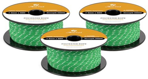 Abma Cord Polyesterseil 3mm x 50m Seil Geflochtene Schnur Reißfest für Outdoor, Boot, Festmacher, Zelt, Garten - Grün/Weiß