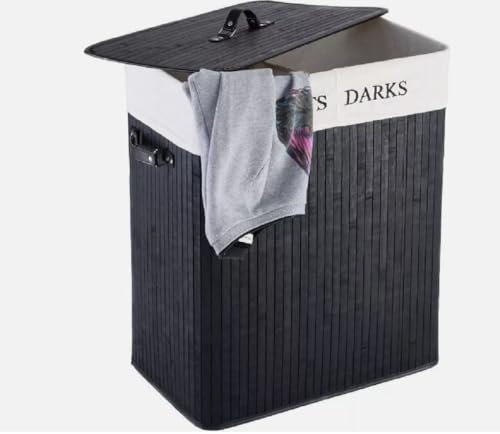 Bamboo Laundry Basket With Lids & Liner Foldable Washing Clothes Bin Hamper UK (Double Light & Dark Charcoal)