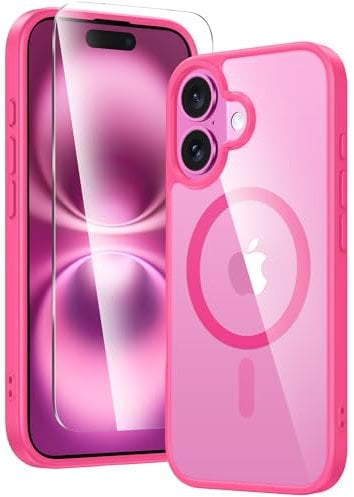 FNTCASE for iPhone 16 Phone Case: Clear Magnetic Military Grade Drop Protection Anti Yellowing Slim Case - Rugged Shockproof Protective Transparent Cell Phone Cover (Hot Pink)