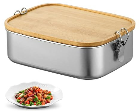 LEKEFETO Brotdose Edelstahl 1200ML: Brotdose Erwachsene/Kinder Lunch Box mit Holzdeckel Auslaufsicher Lunchbox Bento, BPA-frei, Bento Box Frühstücksbox für Schule, Ausflüge, Picknick, Arbeit