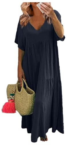 Sommerkleider Damen Leicht Und Luftig Lang Kleider Damen Sommer Maxi Elegant Plissee Maxikleid Damen Sommer A Linie V Ausschnitt Sommerkleid Frauen Große Größen Kurzarm Kleid üBergröße Locker