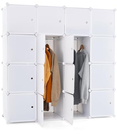 COSTWAY Portable Wardrobe, 16 Cube Closet DIY Interlocking Combination Armoire with 2 Clothes Hanging Rails, Space Saving Plastic Modular Cabinet Storage Organizer for Clothes, Shoes and Toys (White)