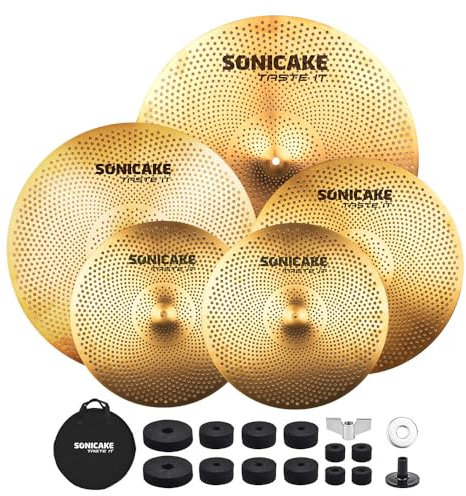 SONICAKE Juego de platillos de bajo volumen 14 HiHat+16 Crash+18 Crash+20 Ride Cymbal Set Dorado 5 piezas con bolsa de cadera y accesorio