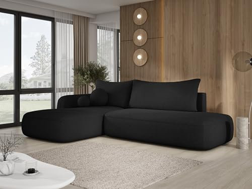 DomoHome Ecksofa BABU Mit Bettfunktion – Moderne Polsterecke Für Wohnzimmer Funktionales Schlafsofa Im Stoff Now OR Never Größe: 300x105x60cm, Linke Seite Farbe: Schwarz