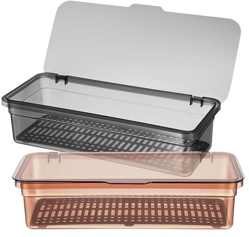 Garneck 2-piece Cutlery Storage Box with Lid Plastic Utensil Organizer for Kitchen Includes 1 Brown and 1 Grey Tray Countertop Storage Solution