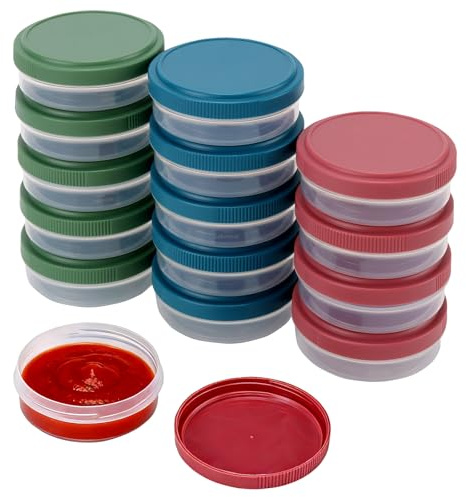 MUKSUET 15 Pack Stackable Snack Pots 50ml, Mini Food Storage Containers with Lids for Sauce, Condiments (Red, Blue, Green)
