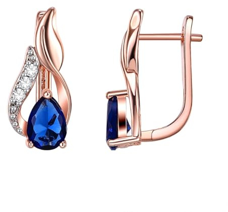 Creolen Damen Rosegold, Damen Creolen aus 14 Karat Rotgold mit birnenförmigem blauem Tansanit und weißem Moissanit