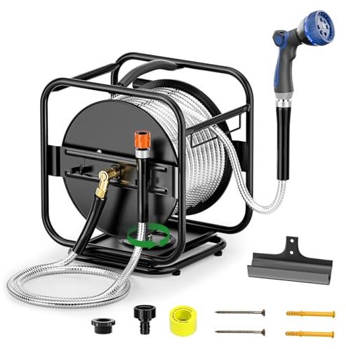 SPECILITE Metal Garden Hose Reel with 30m 304 Stainless Steel Hosepipe, Wall Mounted/Floor Standing Heavy Duty Hose Pipe Reel, 360°Rotation Frame, Ideal for Garden/Courtyard Cleaning and Watering