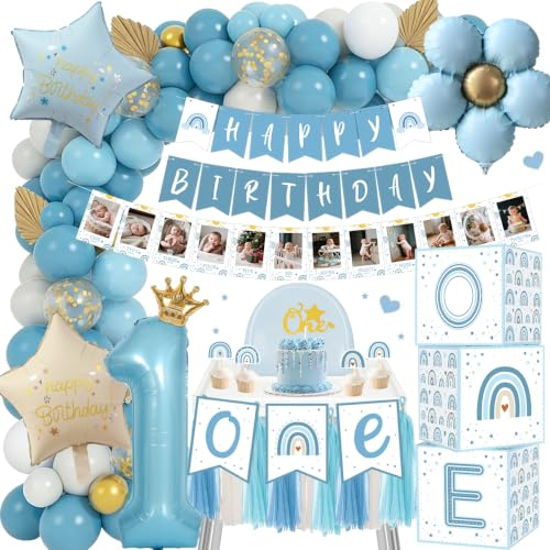 TOLOYE 1:a födelsedagsdekorationer, boho första födelsedagsdekorationer med ballonglåda, regnbågsfotobanderoll, babyflicka festdekorationer för tårtsmash, baby shower, könsavslöjande (retroblå)