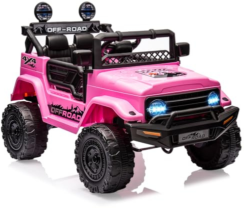 RBFGYIOP fuoristrada elettrica per bambini 12V - Sospensioni a molla, telecomando, luci LED, connessione wireless, 3 velocità - Sicura e robusta auto giocattolo - Colore rosa