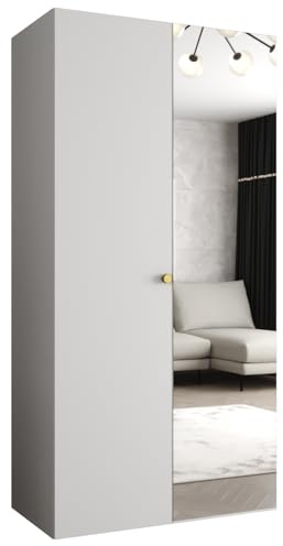 MEBLE KRYSPOL - Kleiderschrank - Garderobenschrank - 100 cm x 202 x 52 cm - Schrank mit Kleiderstange und Spiegel, 2 Türen - für Schlafzimmer, Flur - Parma, Weiß, Griff Gold