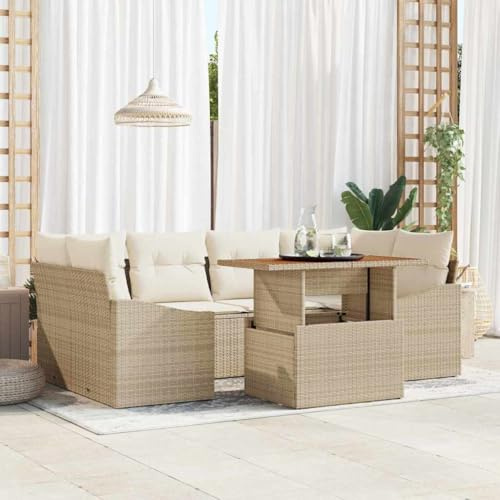 kithwjll Garten Essgruppe mit Kissen, 7-teiliges Poly Rattan Set Beige & Creme, Modulares Outdoor Sofa mit Stauraum, Verstellbare Füße für Balkon & Terrasse
