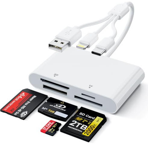4-in-1 Multi Card Reader Memory Stick Pro Duo Adapter, SD/Micro SD/MS/XD Picture Card Reader with Lightning/USB-C/USB-A Port, Compatible with iPhone 16/15/14, iPad, MacBook, Android, Camera & PC