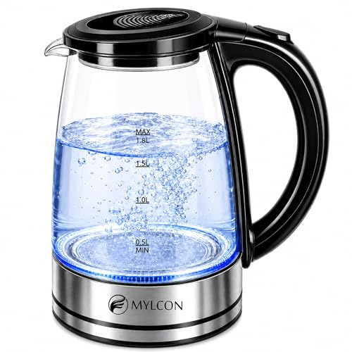 MYLCON Heatix Wasserkocher Glas 1,8 L 1800W schneller elektrischer Wasserkocher mit 360° Basis, Glaskörper, Auto-Off, dezente blaue LED Beleuchtung, modernes Design