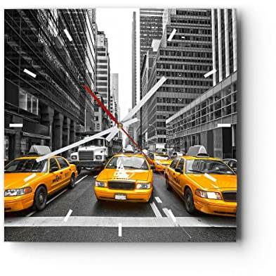 Modern Wanduhr Taxi Stadt Straße Transport 40x40cm Quadrat Groß Wand Uhr Glas Analog Zimmeruhren Küche Büro Wohnzimmer Glasuhr Wall Clock Dekoration Design Wanddekoration Küchenuhr C3AC40x40-2695