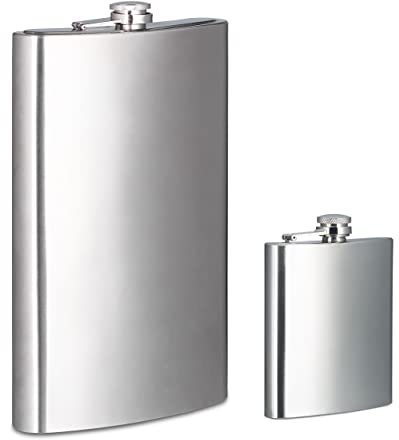 2x Flachmann aus Edelstahl, Riesen Flachmann mit 1800 ml Fassungsvolumen, Taschenflasche 200 ml, für unterwegs, silber