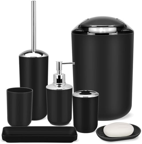 IMAVO Badezimmer Zubehör Set, 6 Stück Kunststoff Geschenkset Zahnbürstenhalter Zahnputzbecher Seifenspender Seifenschale Toilettenbürstenhalter Mülleimer (Schwarz)