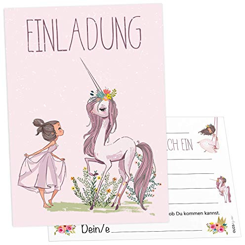 Olgs Prinzessin und Einhorn Einladungskarten, 12er Set für Mädchen, Kindergeburtstag, Ausfüllbar, inkl. Umschläge