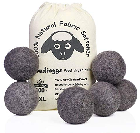 Budieggs Trocknerbälle aus Wolle, Dunkelgrau, XL, 6 Stück, 100% neuseeländischer Bio-Weichspüler für 1000+ Ladungen, babysicher und hypoallergen, reduziert Falten und verkürzt die Trocknungszeit auf