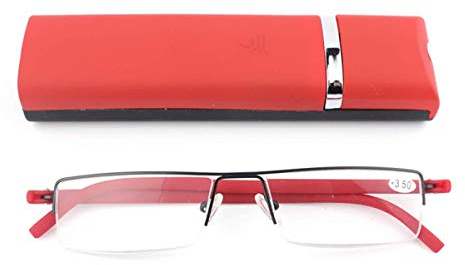 Occhiali da lettura ultra leggeri TR90, da uomo e da donna, in metallo, con custodia e panno per la pulizia degli occhiali (rosso, + 2,5)