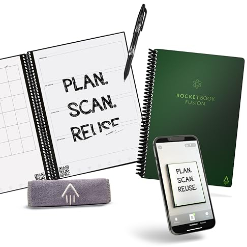 Rocketbook Fusion Reusable Digital Notebook - Smart Notepad A5 Green, 7 Styles, To Do List, Daily Journal, Weekly & Monthly Planner, with Frixion Erasable Pen, Office Gadget Reduces Paper Waste