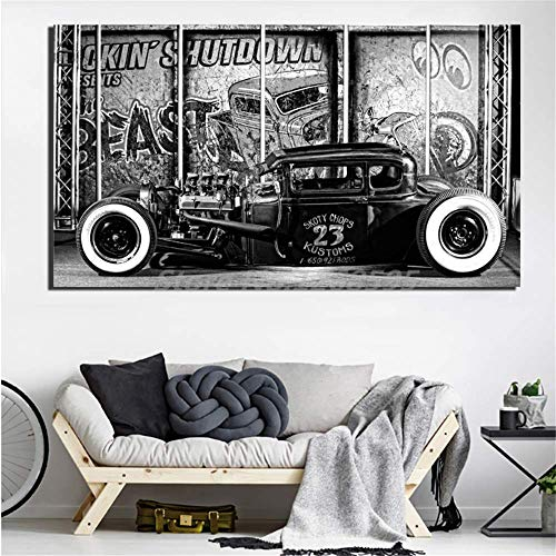 Leinwand Wandkunst 60x120cm ohne Rahmen Hot Rod Auto Vintage Schwarz-Weiß-Öldruck Poster Wandkunst Bild für Wohnzimmer Home Decoration