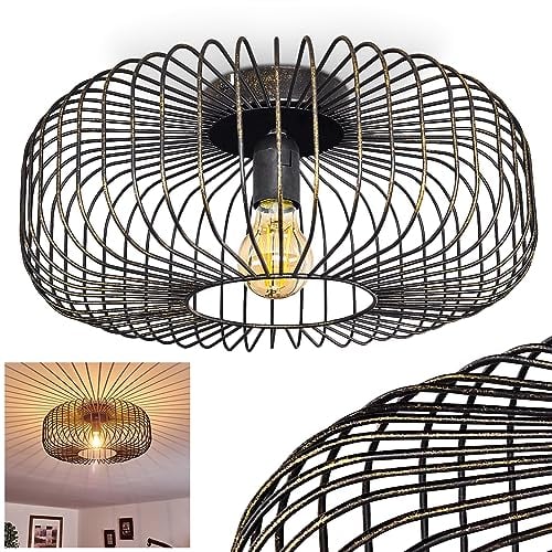 HOFSTEIN Deckenleuchte Wemude, runde Deckenlampe für Wohnzimmer - Moderne Vintage Lampe aus Metall Schwarz-Gold, 1-flammig, E27-Fassung, Rasterleuchte mit Spannendem Lichteffekt, Durchmesser 40 cm