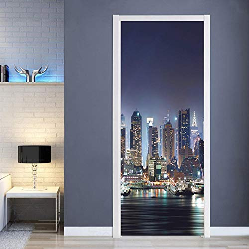 CBWRAW Stickers De Porte, 3D Intérieure Chambre Décoration Trompe l'oeil La Ville De New York Imperméablen Amovible Sticker Muraux pour Adulte Enfant Salle Bain Poster Decoration 77X200cm