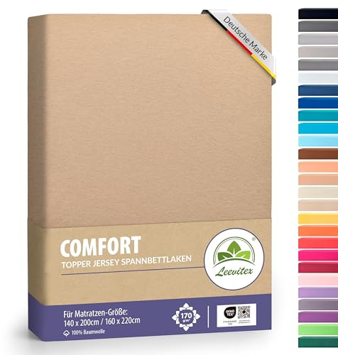 leevitex® Premium Topper Spannbettlaken 140x200–160x220 cm | 18 cm Steghöhe – für Topper & Boxspringbett | 100% Mako-Jersey-Baumwolle | ÖKO-TEX Zertifiziert | 170 g/m² | Sand/Cappuccino