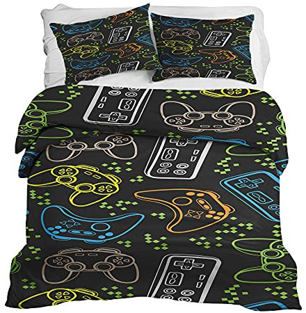 Gravity Bettwäsche 3 teilig Set für Gewichtsdecke - Schlaufen Bezugssystem Baumwolle Deckenbezug 150x220cm und 2X Kissenbezug 80x80cm für Erwachsene/Jugendliche Playstation-Spiel Mehrfarbig schwarz