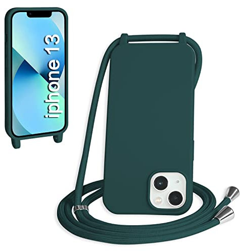 WenBaby Handykette für iPhone 13 Hülle mit Band,Handyhülle mit Schnur zum Umhängen Silikon Seil Necklace Schutzhülle mit Kordel Tasche Case TPU Bumper für iPhone 13- Dunkelgrün